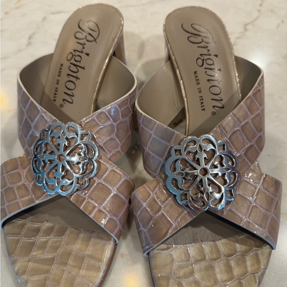 Brighton Taupe Croc-Embossed Slide Sandals with Silver Medallion - Picture 4 of 5